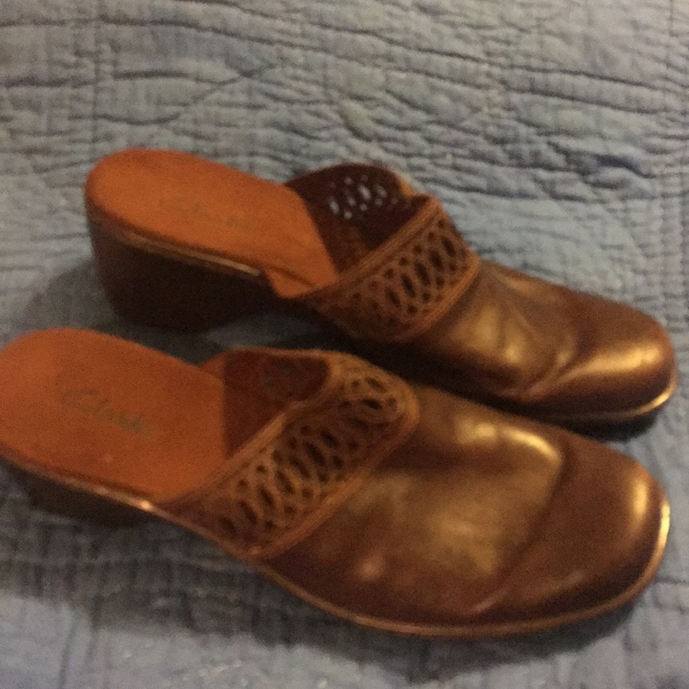 Clarks brown dress mules slip on slides shoes